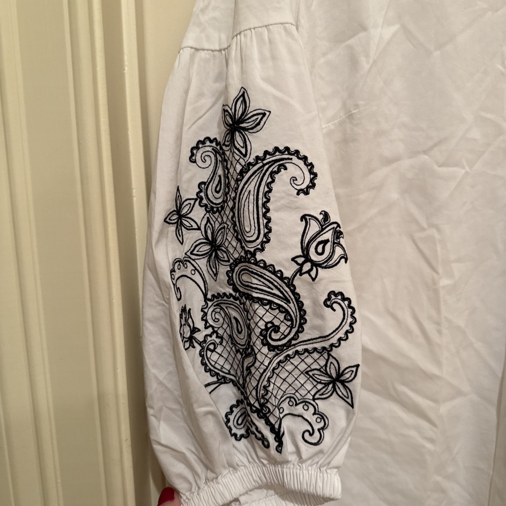 J. Jill Button Down Shirt Womens L White Black Paisley Embroidered Puff Sleeve - Picture 3 of 9